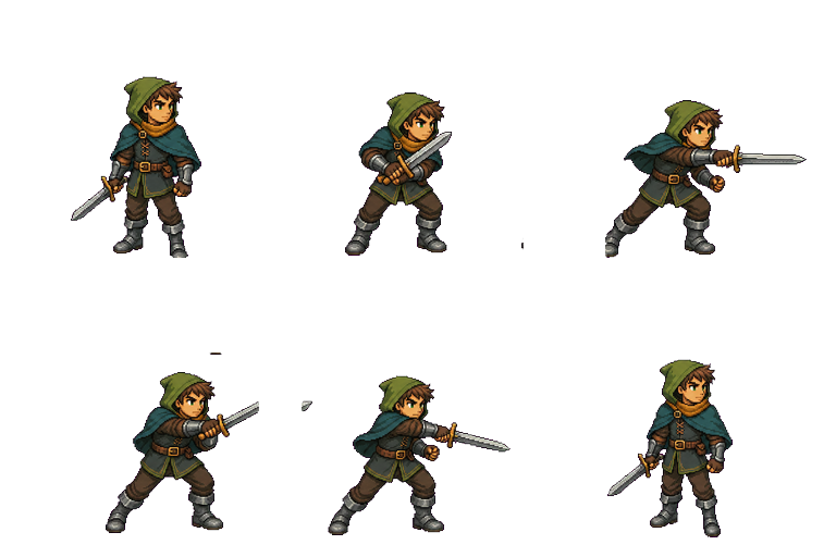 Six-frame forest adventurer sword attack sprite sheet