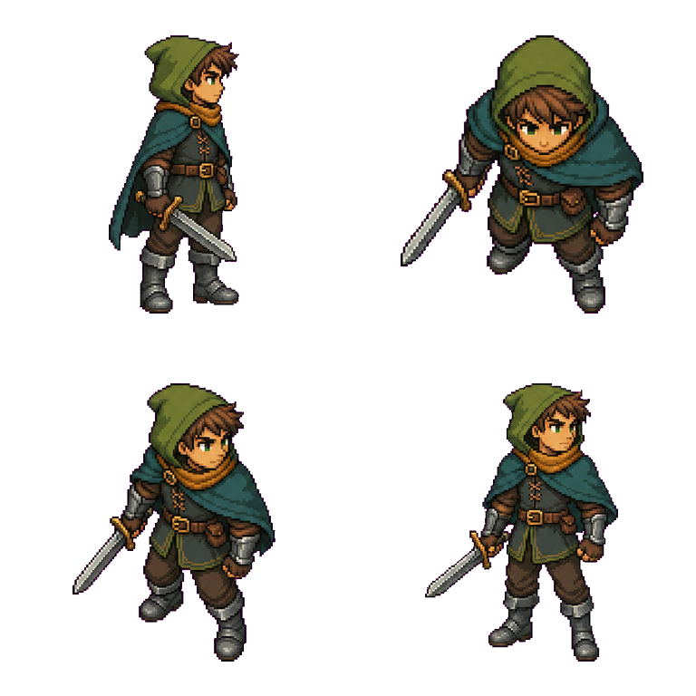 Side, top-down, isometric and three-quarter views of one forest adventurer pixel sprite