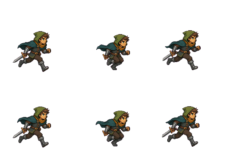 Six-frame forest adventurer run sprite sheet