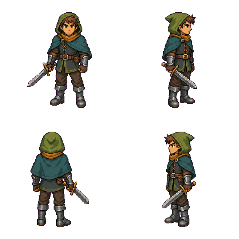 Four directional views of one forest adventurer pixel sprite